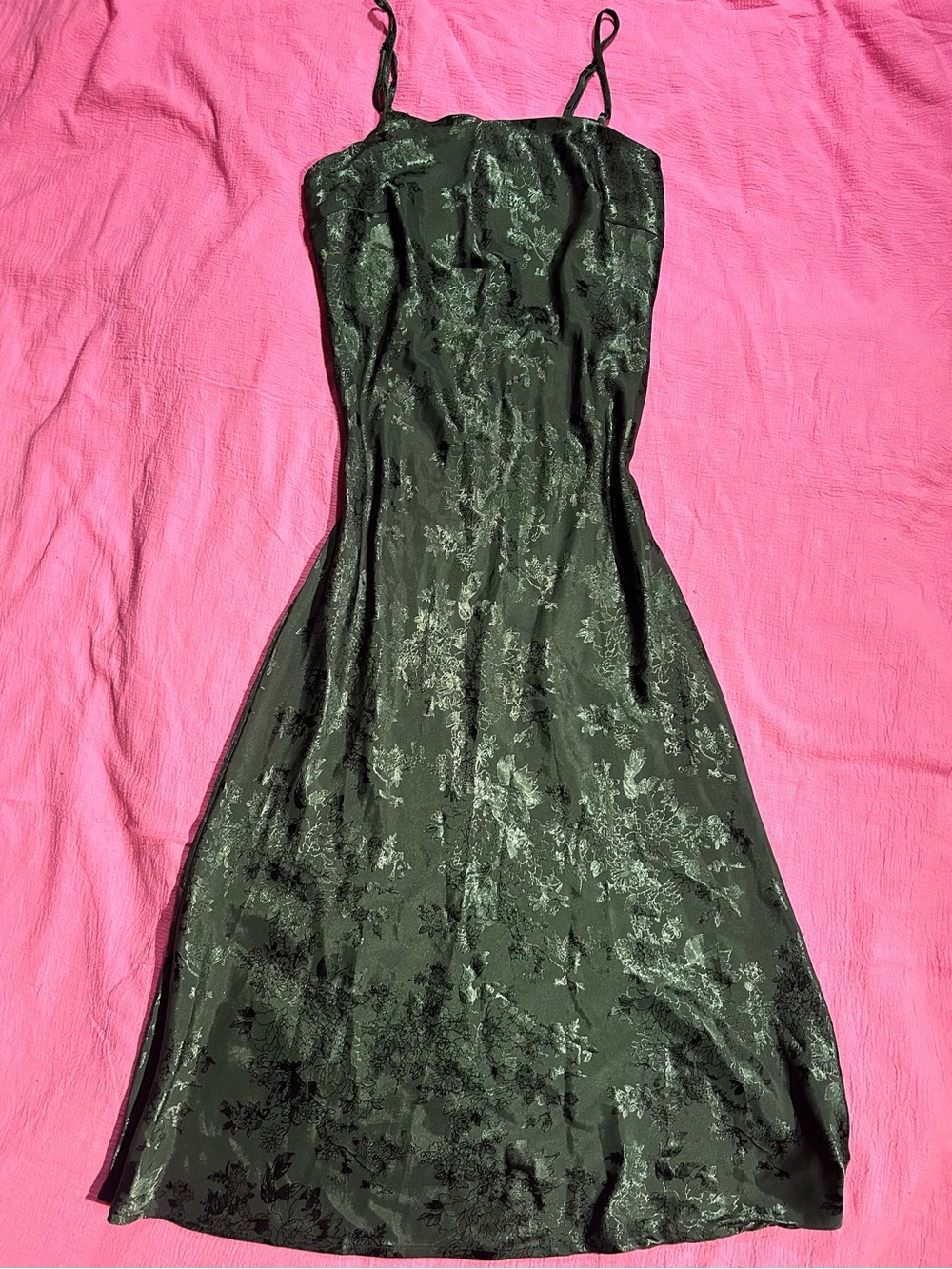 ‘Lucy Paris’ Forest Green Satin Maxi Slip Dress with Floral Pattern